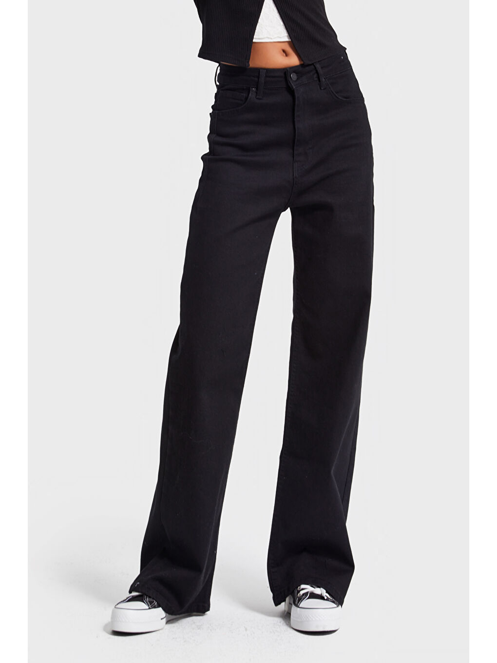 Kadın Siyah Renk 1w5-1 Esnek Elastanlı Kumaş Wide Leg Fit İç Boy 80cm Denim Jean
