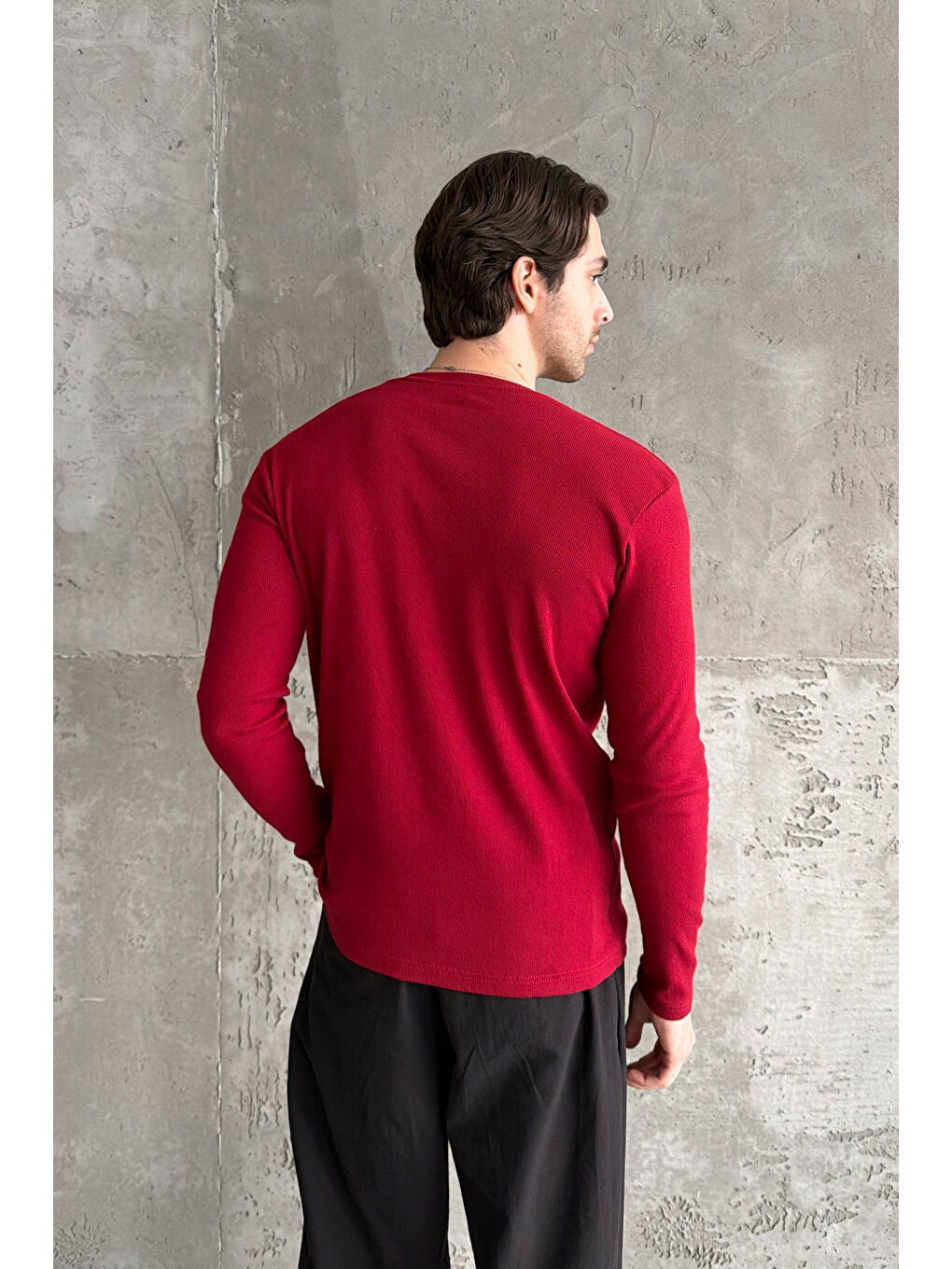 Kırmızı Erkek Henley Yaka Düğmeli Penye Bluz-8