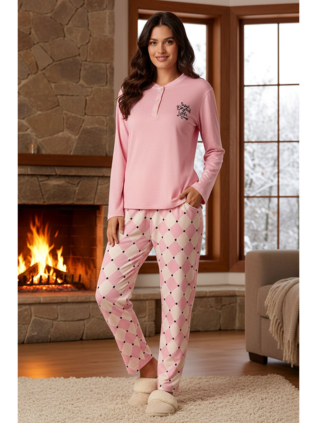 Kadın Termal Uzun Kol Pijama Takımı 4763 Pembe-1