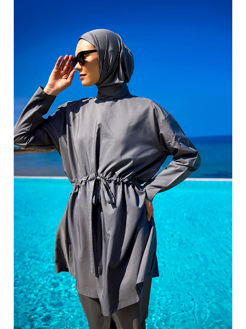 Gri Hakim Yaka Tam Kapalı Tesettür Mayo Takımı A2502-4-1