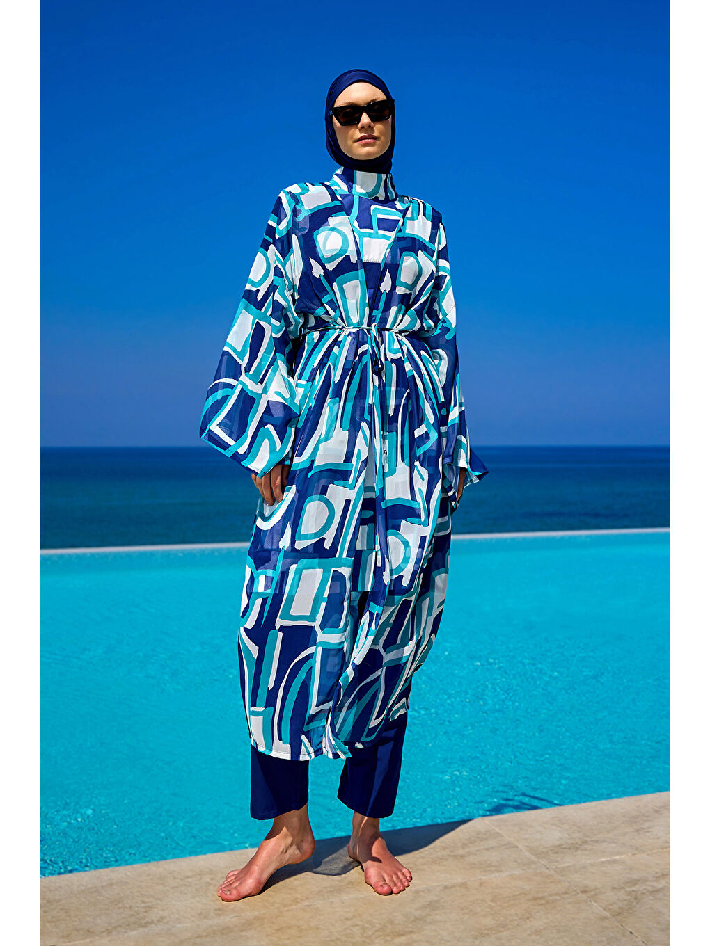 Lacivert Renkli Desenli İpeksi Kimono Kaftan RP2513-2