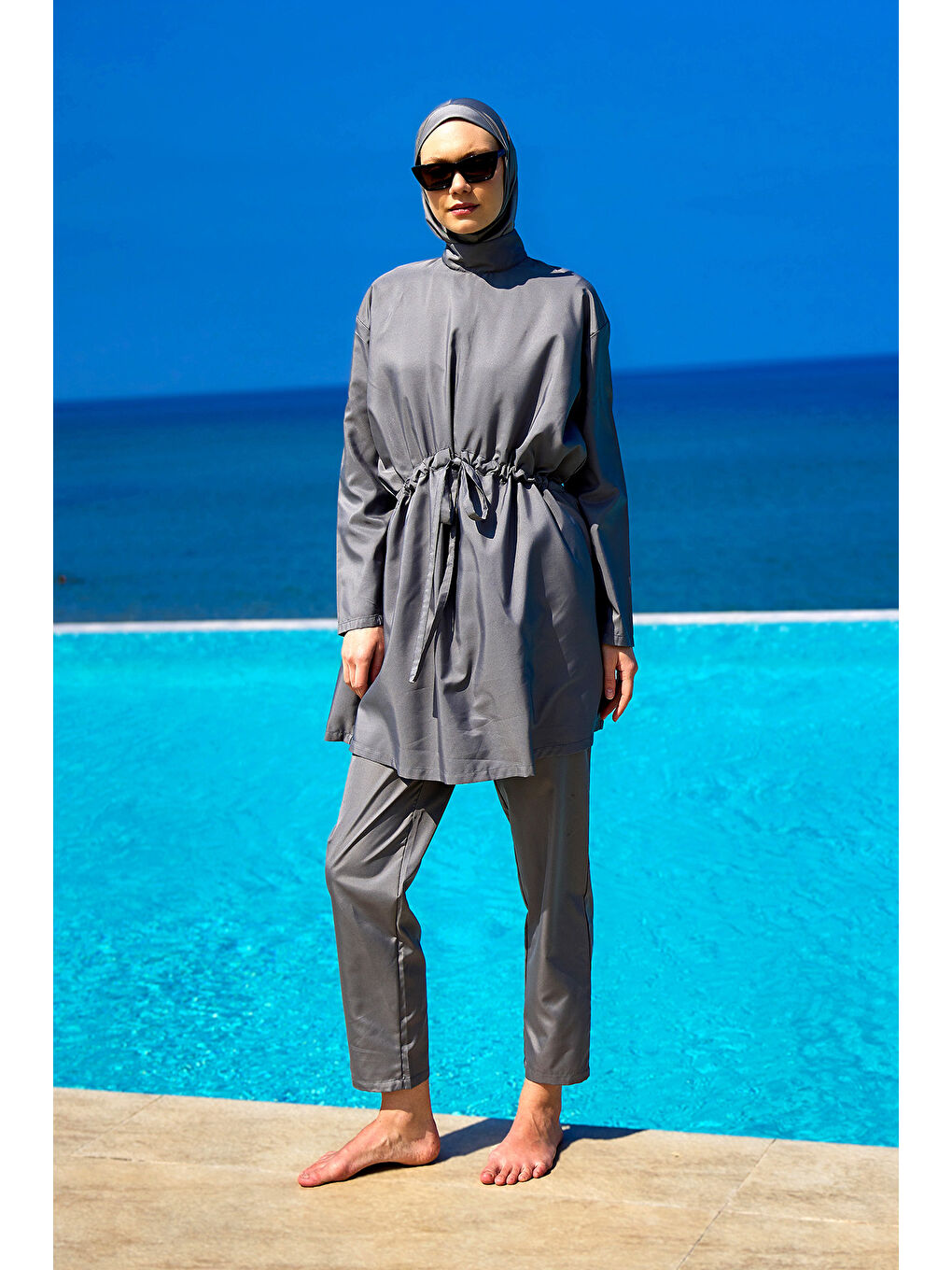 Gri Hakim Yaka Tam Kapalı Tesettür Mayo Takımı A2502-4-2