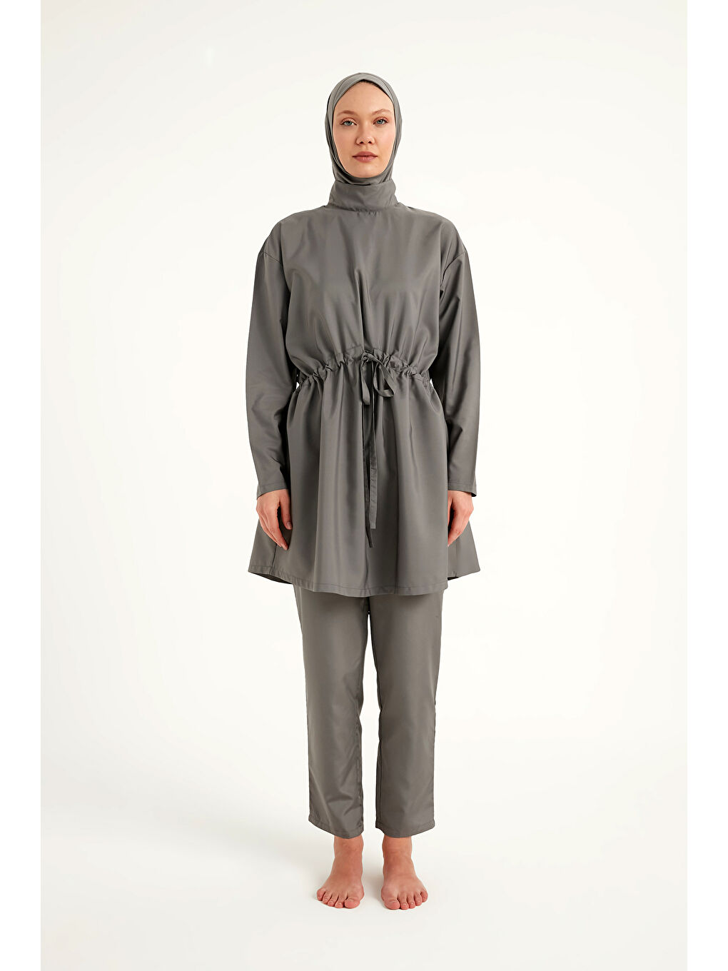 Gri Hakim Yaka Tam Kapalı Tesettür Mayo Takımı A2502-4-3