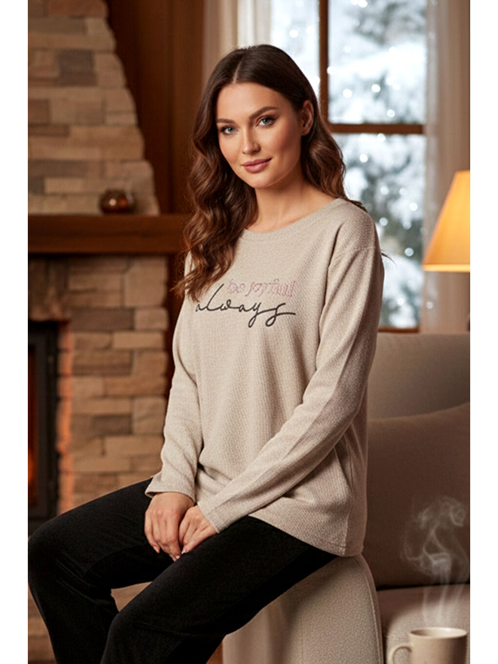 Bej Kadın Selanik Dokuma Pijama Takımı 407 Vizon-3