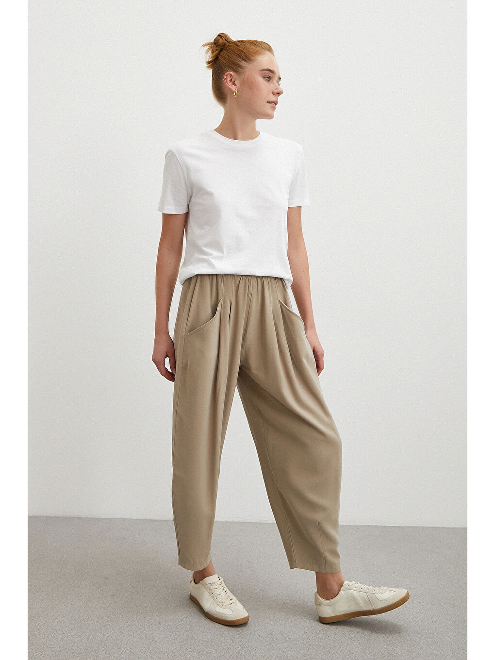 Bej Bağcıklı Beli Lastikli Pileli Pantolon Taş-2