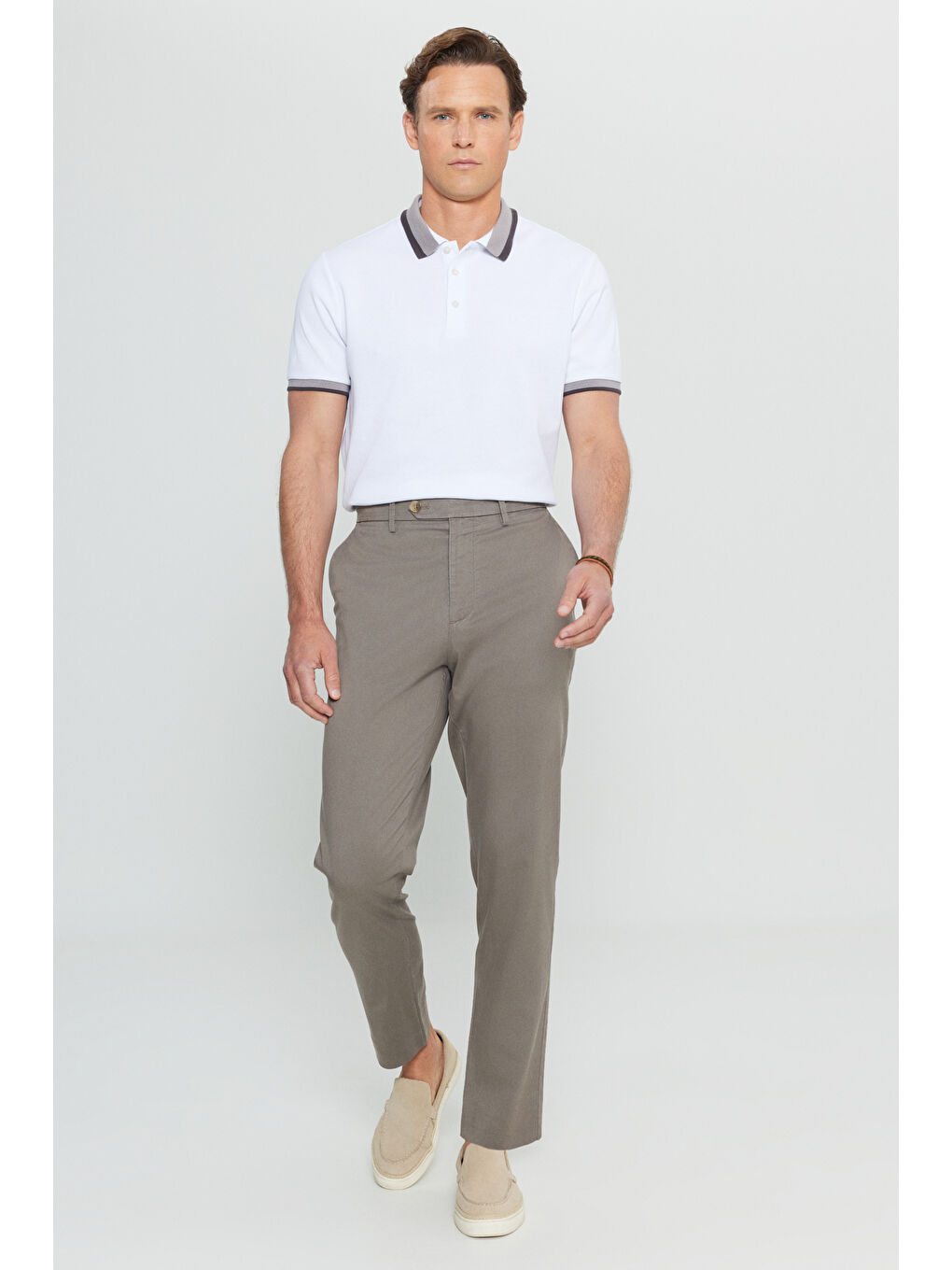 Bej Erkek Vizon Pamuklu Slim Fit Dar Kesim Yan Cep Esnek Casual Pantolon-1