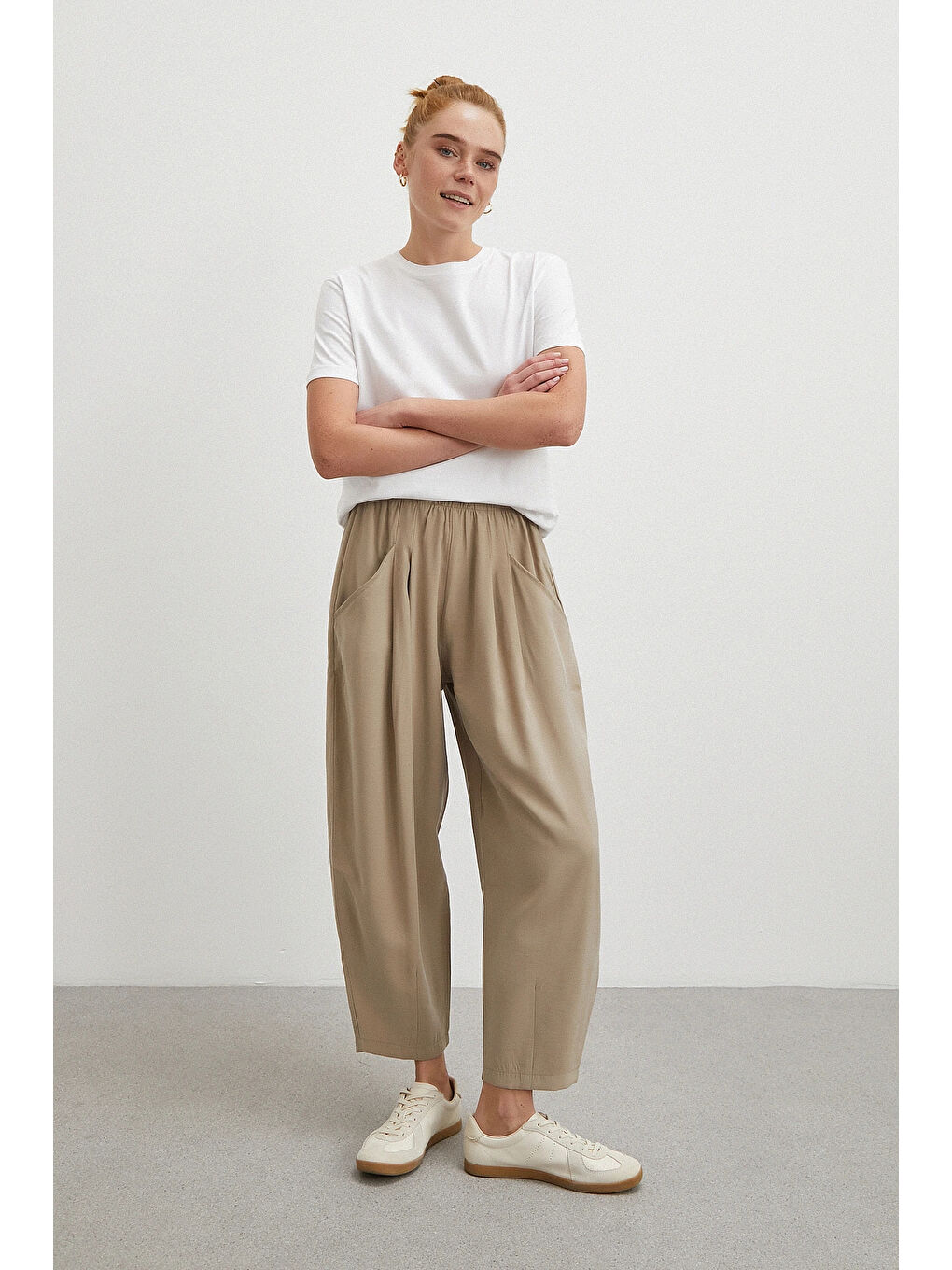 Bej Bağcıklı Beli Lastikli Pileli Pantolon Taş-3