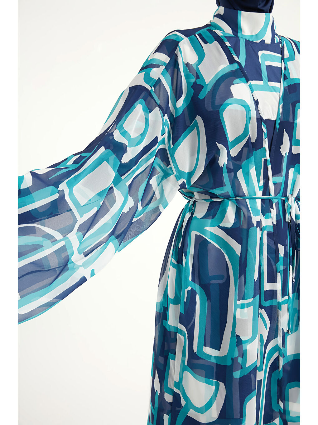 Lacivert Renkli Desenli İpeksi Kimono Kaftan RP2513-3