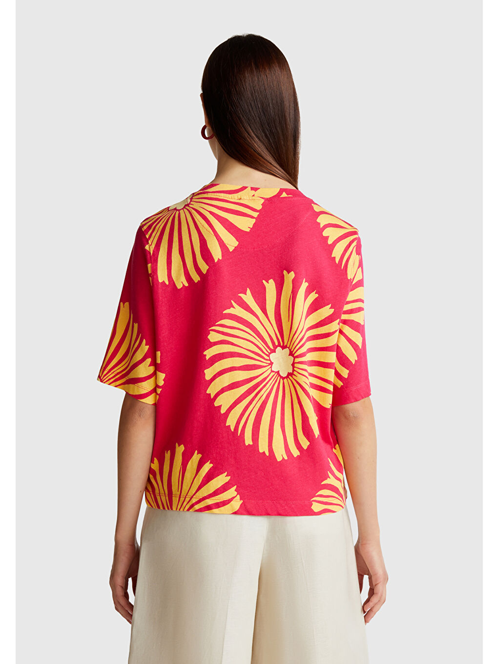 Kadın Fuşya Keten Karışımlı Boxy Fit Çiçek Desenli T-Shirt-2