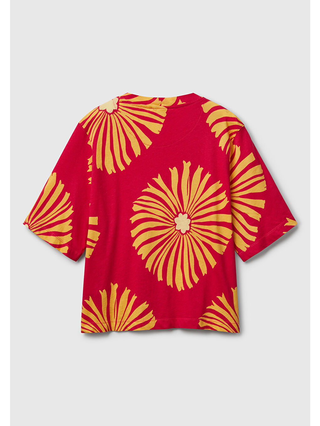 Kadın Fuşya Keten Karışımlı Boxy Fit Çiçek Desenli T-Shirt-3