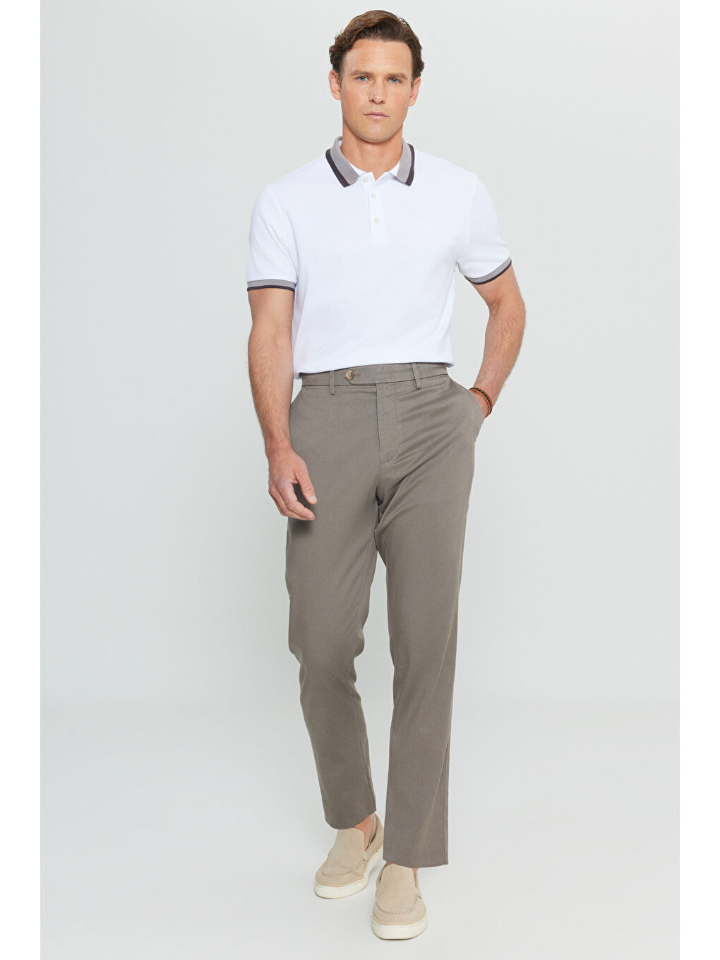 Bej Erkek Vizon Pamuklu Slim Fit Dar Kesim Yan Cep Esnek Casual Pantolon-2