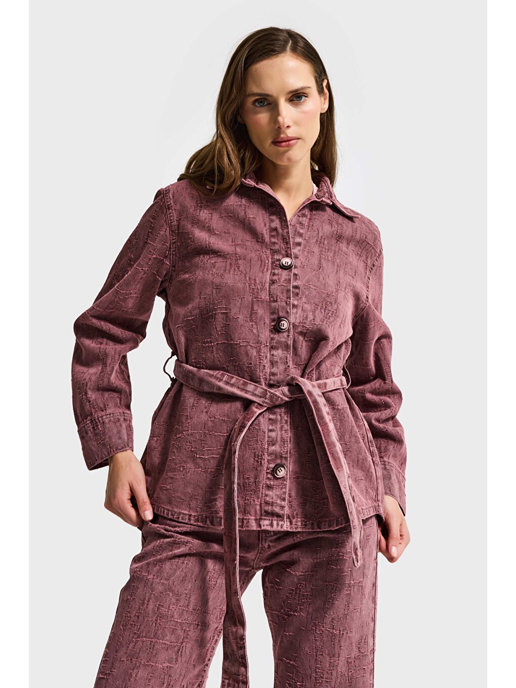 Bordo Kadın Gül Kurusu 6s6-98 Oversize Kemer Detaylı Kumaş Özellikli Tasarım Denim Ceket
