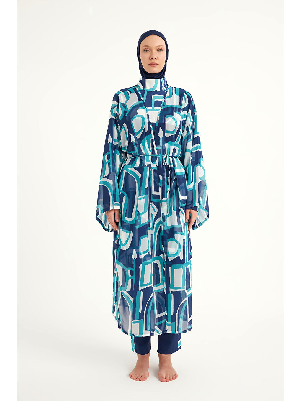 Lacivert Renkli Desenli İpeksi Kimono Kaftan RP2513-4