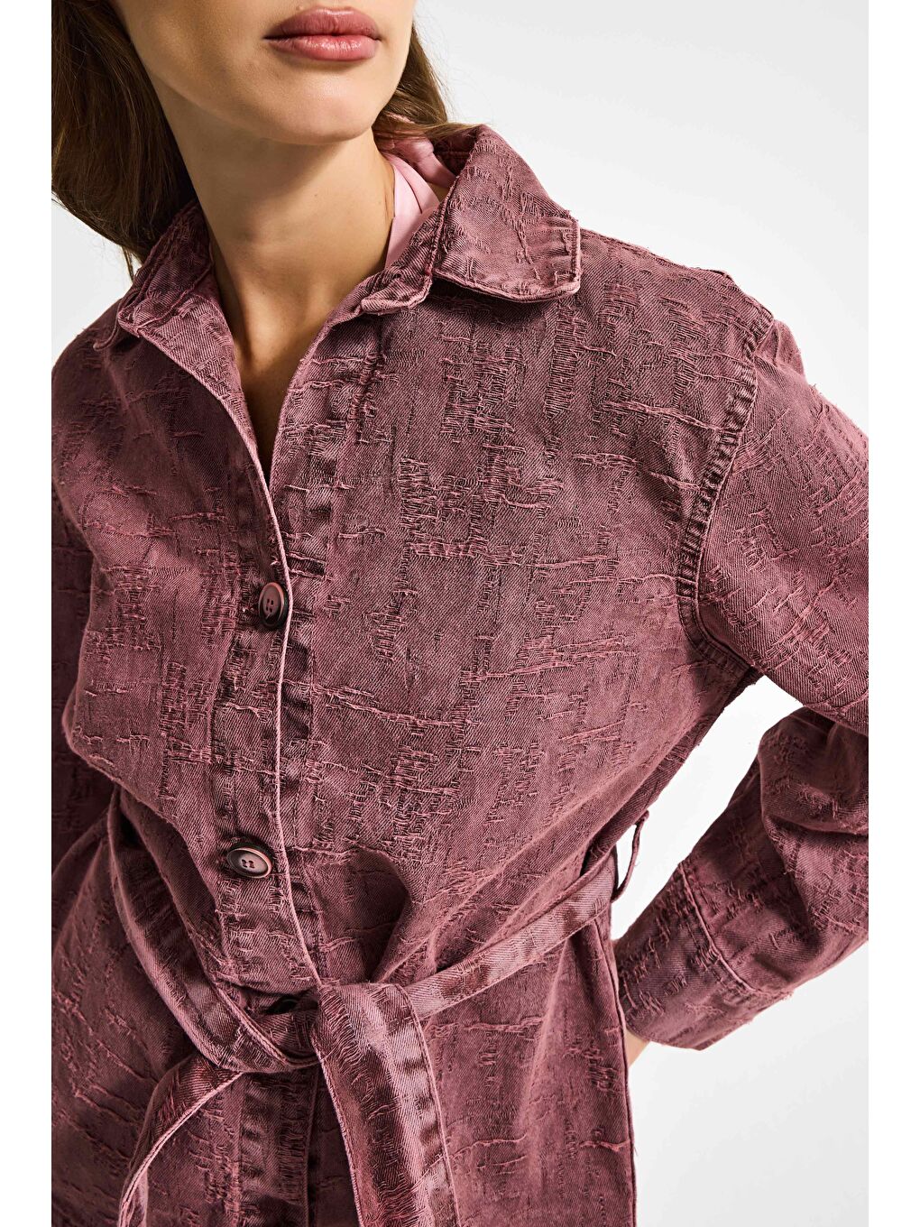 Bordo Kadın Gül Kurusu 6s6-98 Oversize Kemer Detaylı Kumaş Özellikli Tasarım Denim Ceket-1
