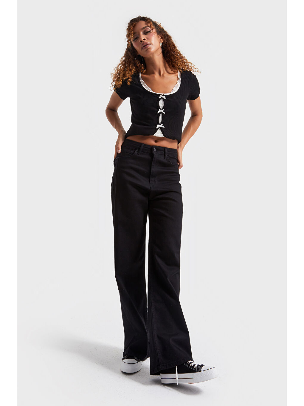 Kadın Siyah Renk 1w5-1 Esnek Elastanlı Kumaş Wide Leg Fit İç Boy 80cm Denim Jean-1