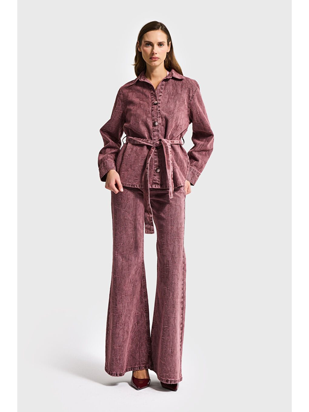 Bordo Kadın Gül Kurusu 6s6-98 Oversize Kemer Detaylı Kumaş Özellikli Tasarım Denim Ceket-2