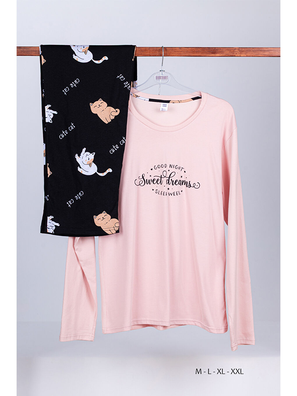 Pembe Kadın Pamuklu Uzunkol Pijama Takım