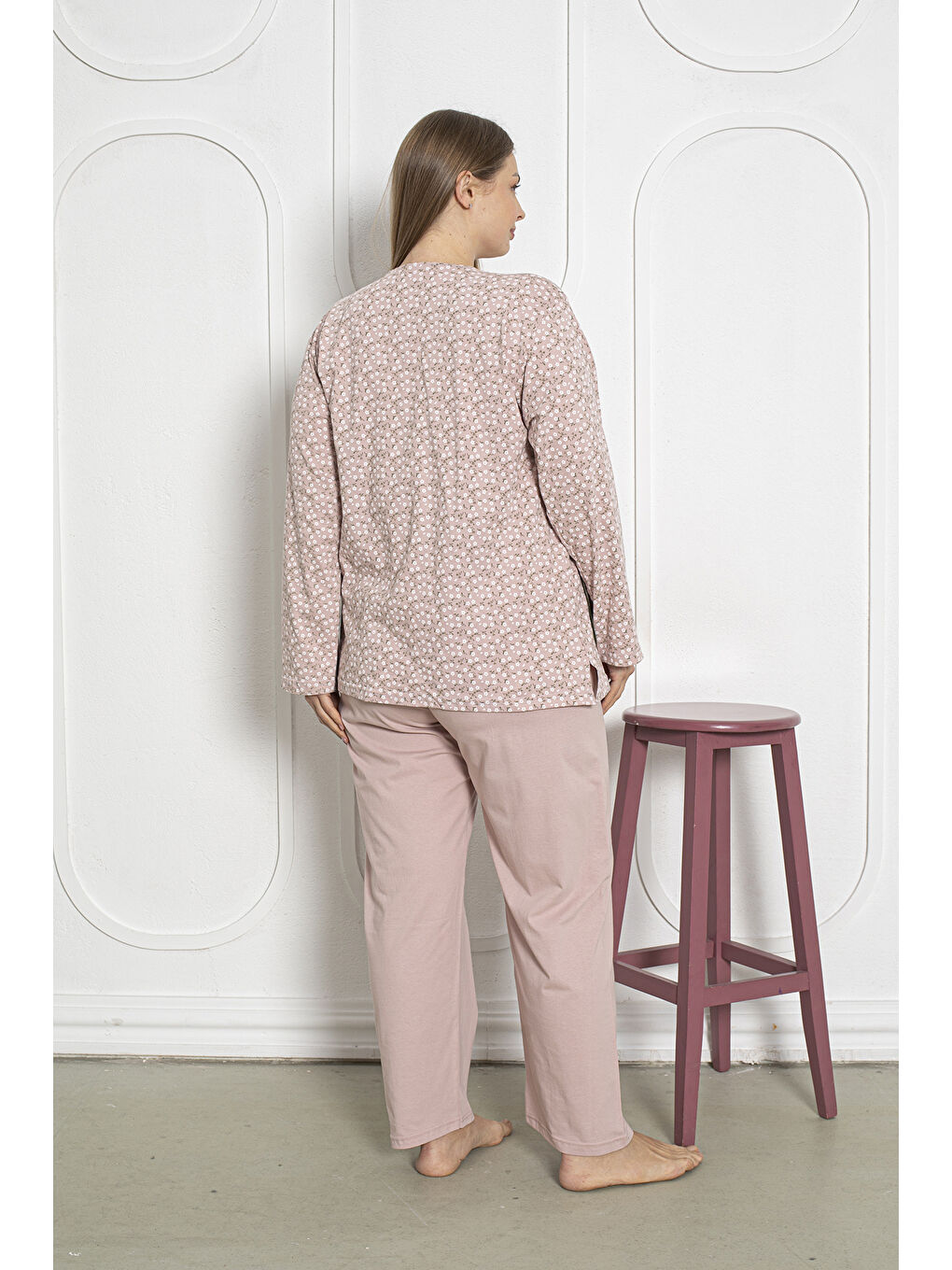 Pembe %100 Pamuklu Uzun Kollu Boydan Düğmeli Büyük Beden Kadın Pijama Takımı 206-3