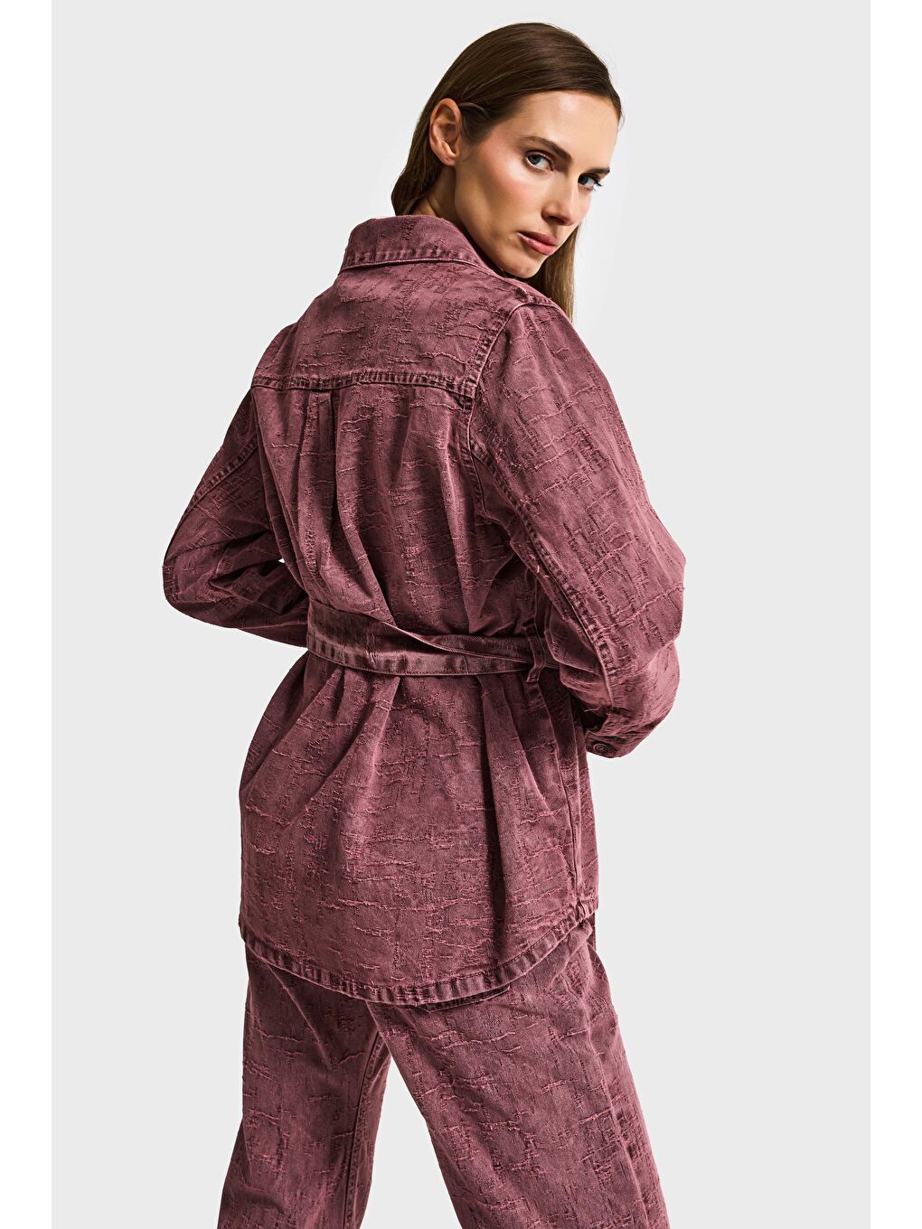 Bordo Kadın Gül Kurusu 6s6-98 Oversize Kemer Detaylı Kumaş Özellikli Tasarım Denim Ceket-3