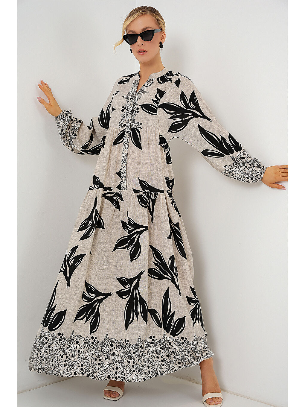 2423 Otantik Desenli Tesettür Elbise - F.Gri