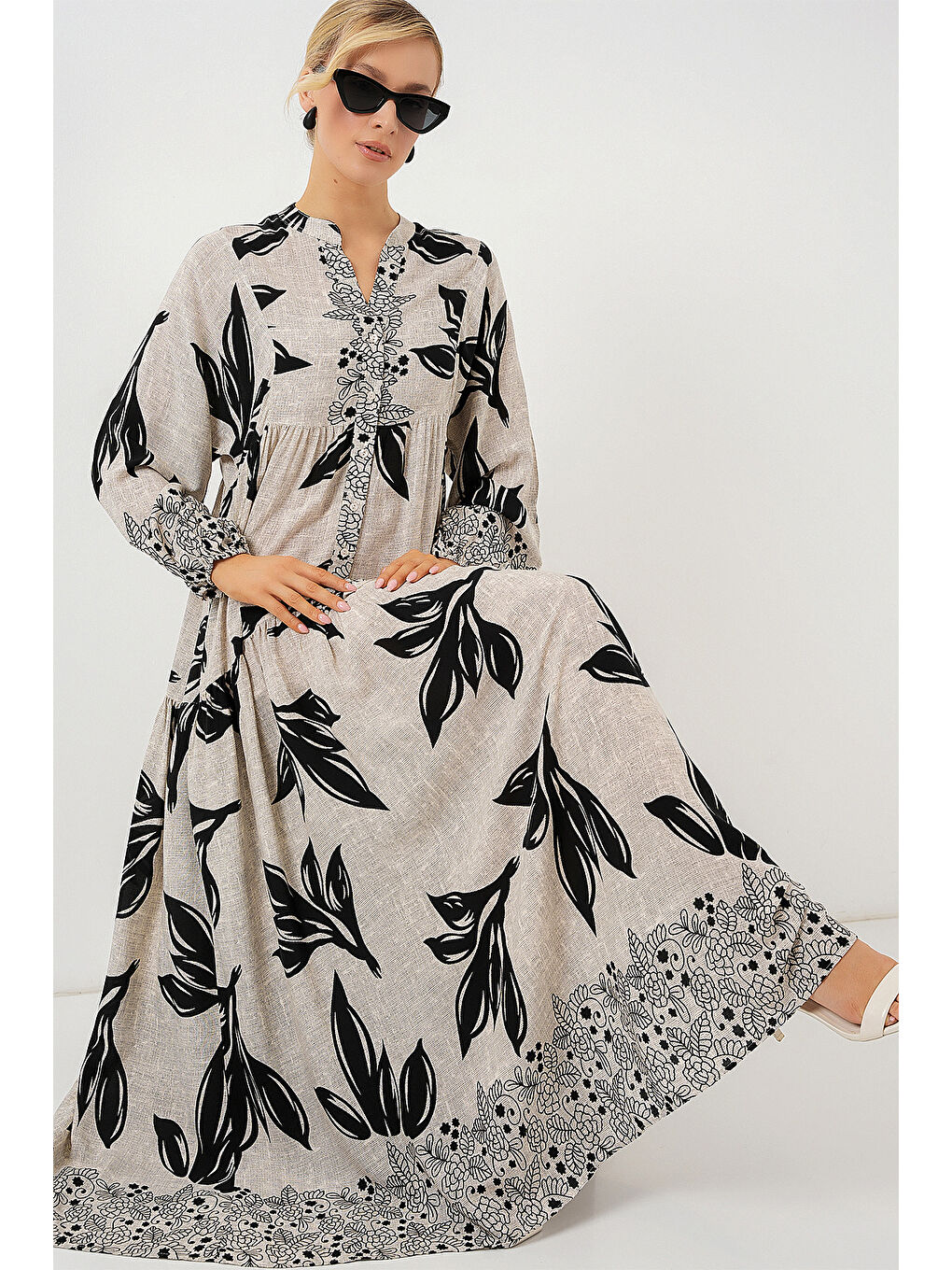 2423 Otantik Desenli Tesettür Elbise - F.Gri-1