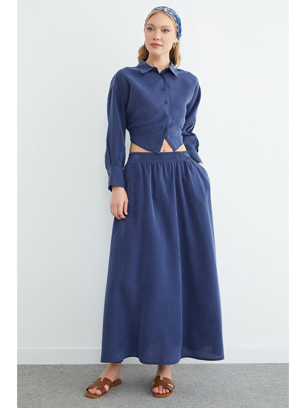 Lacivert Beli Lastikli Cepli Maxi Boy Etek-1