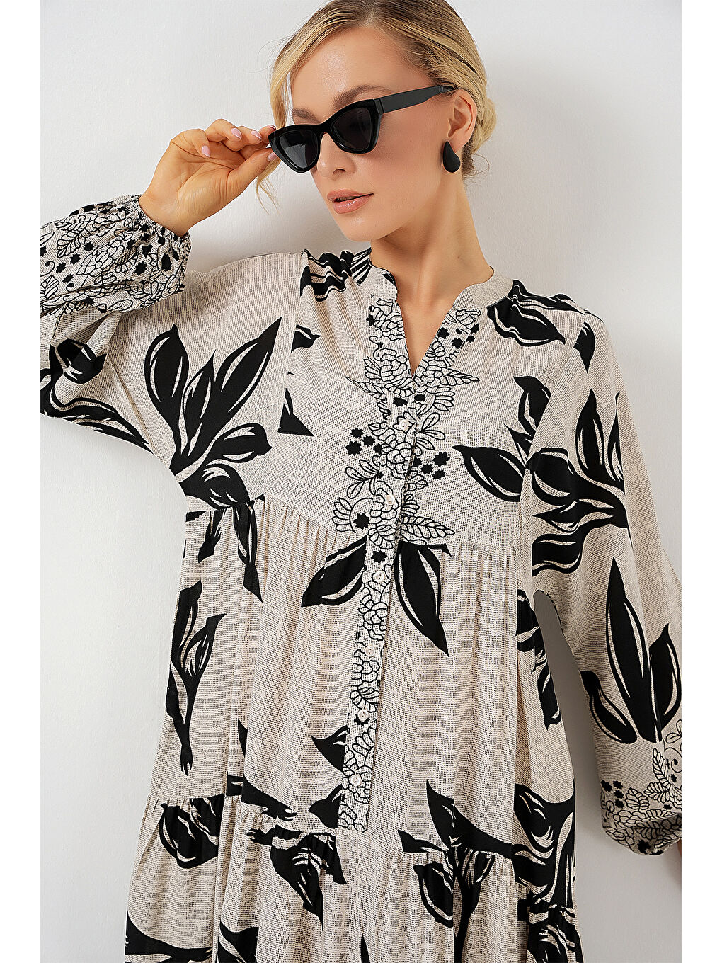 2423 Otantik Desenli Tesettür Elbise - F.Gri-2