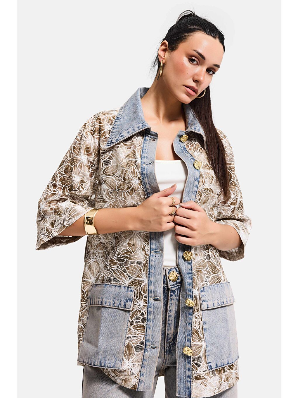 Mavi Kadın Jean Kahve 4s6-65 Oversize Özel Tasarım Gül Dantel Detaylı Ceket Gömlek