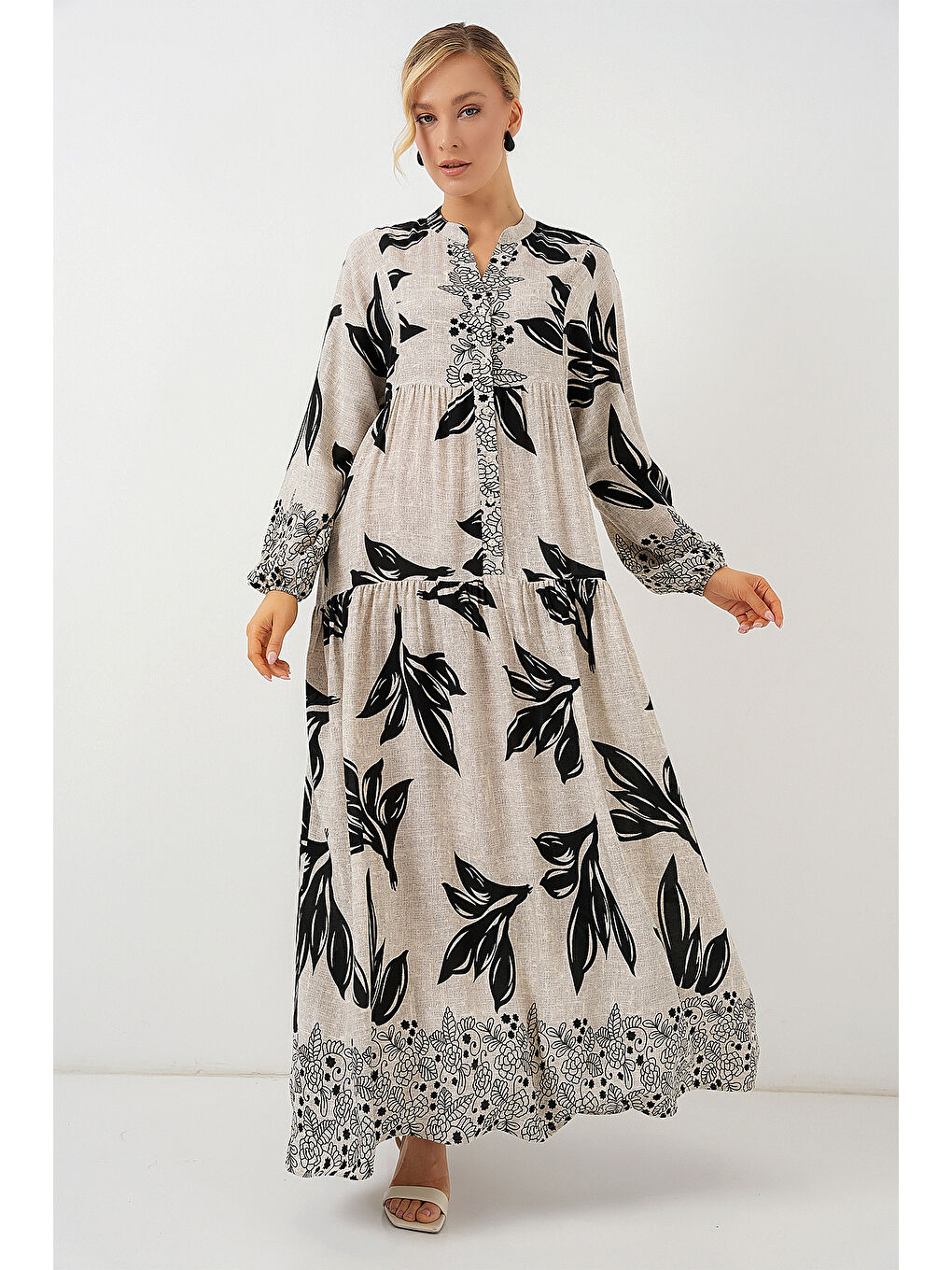 2423 Otantik Desenli Tesettür Elbise - F.Gri-3