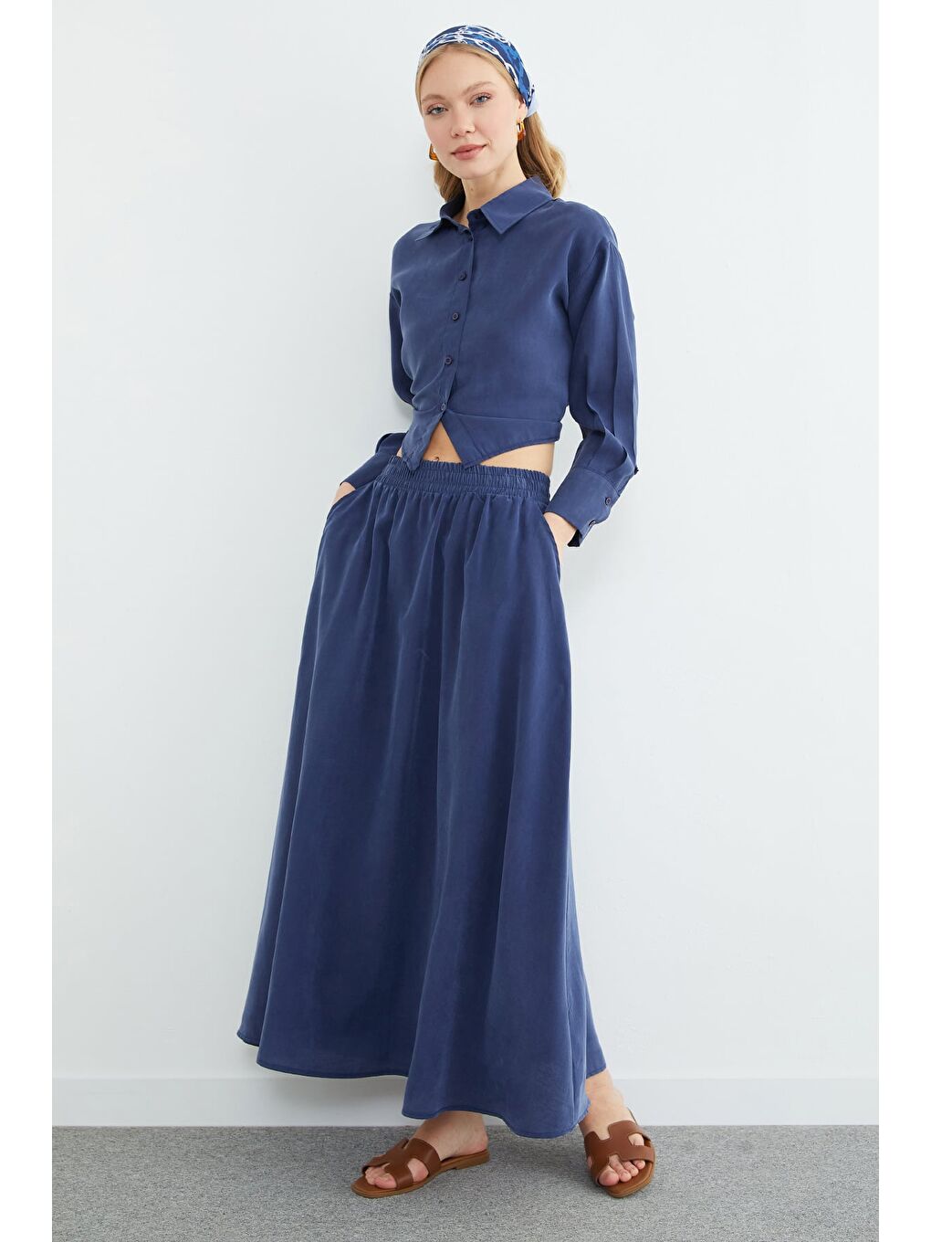 Lacivert Beli Lastikli Cepli Maxi Boy Etek-2