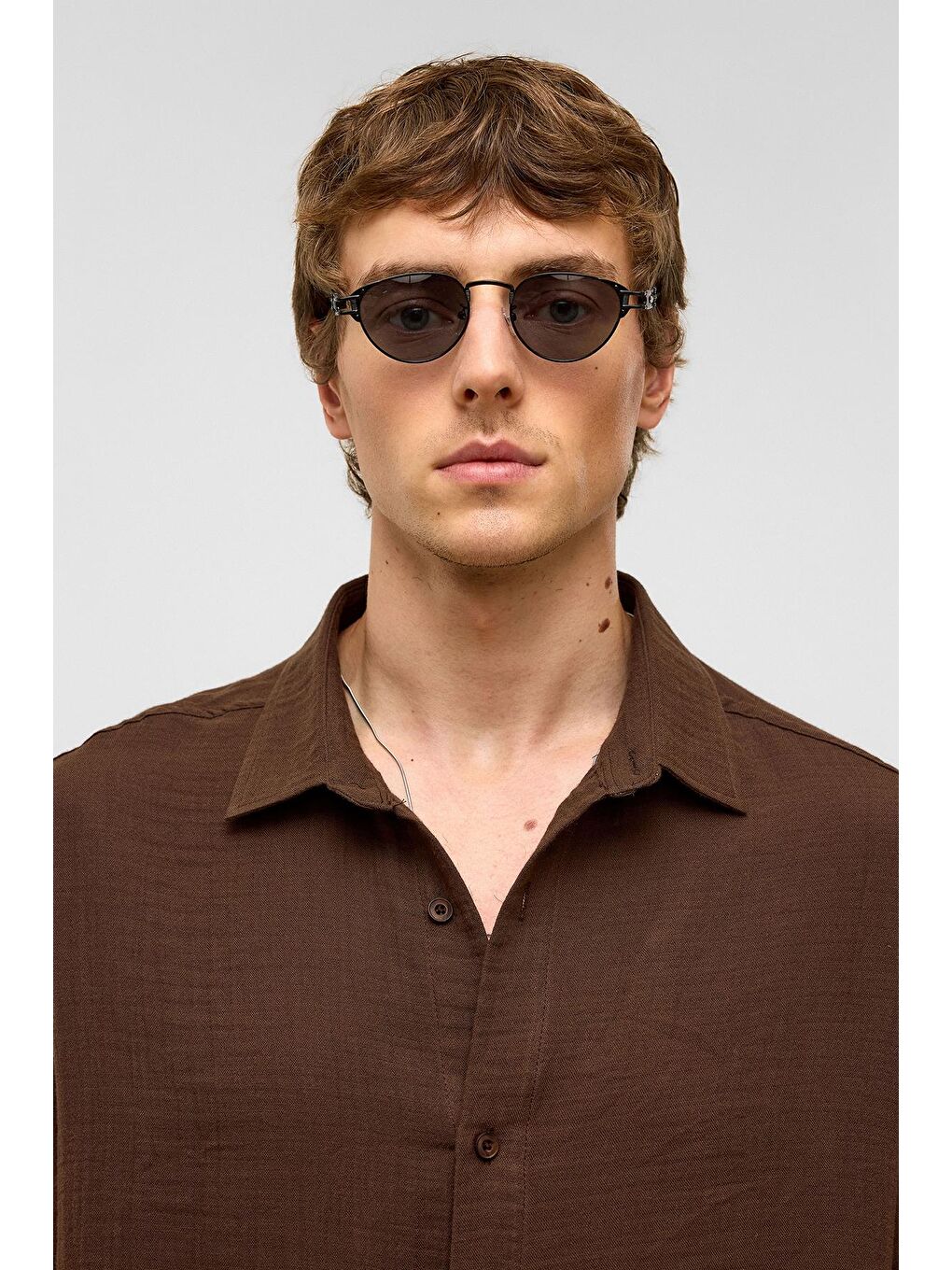 Kahverengi Oversize Kısa Kollu Müslin Kumaş Gömlek Kahve-3