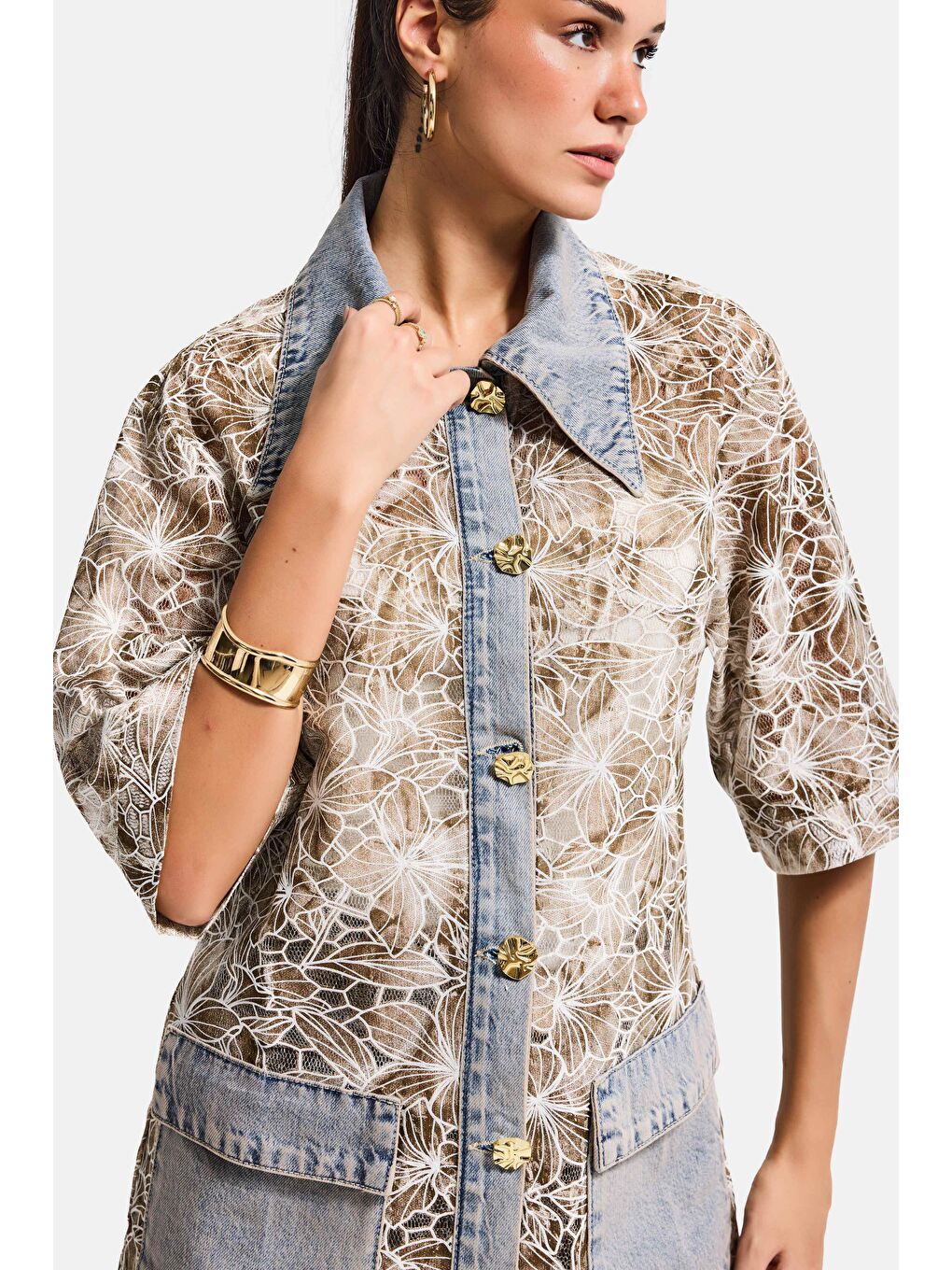 Mavi Kadın Jean Kahve 4s6-65 Oversize Özel Tasarım Gül Dantel Detaylı Ceket Gömlek-1