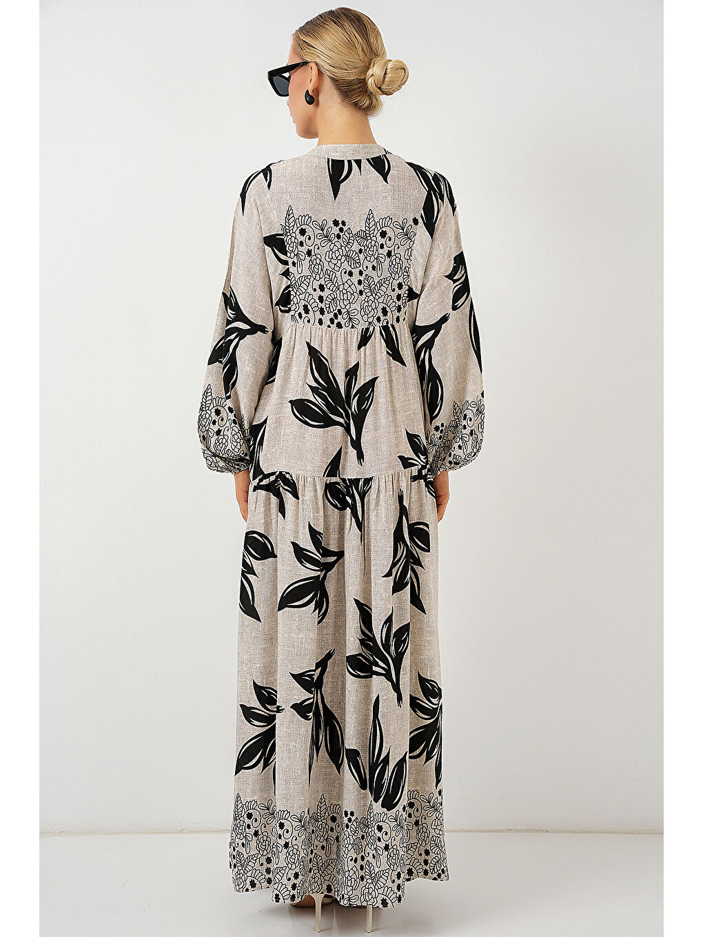 2423 Otantik Desenli Tesettür Elbise - F.Gri-5