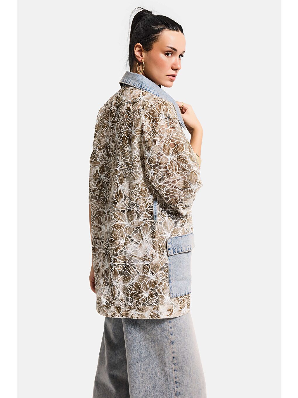 Mavi Kadın Jean Kahve 4s6-65 Oversize Özel Tasarım Gül Dantel Detaylı Ceket Gömlek-2