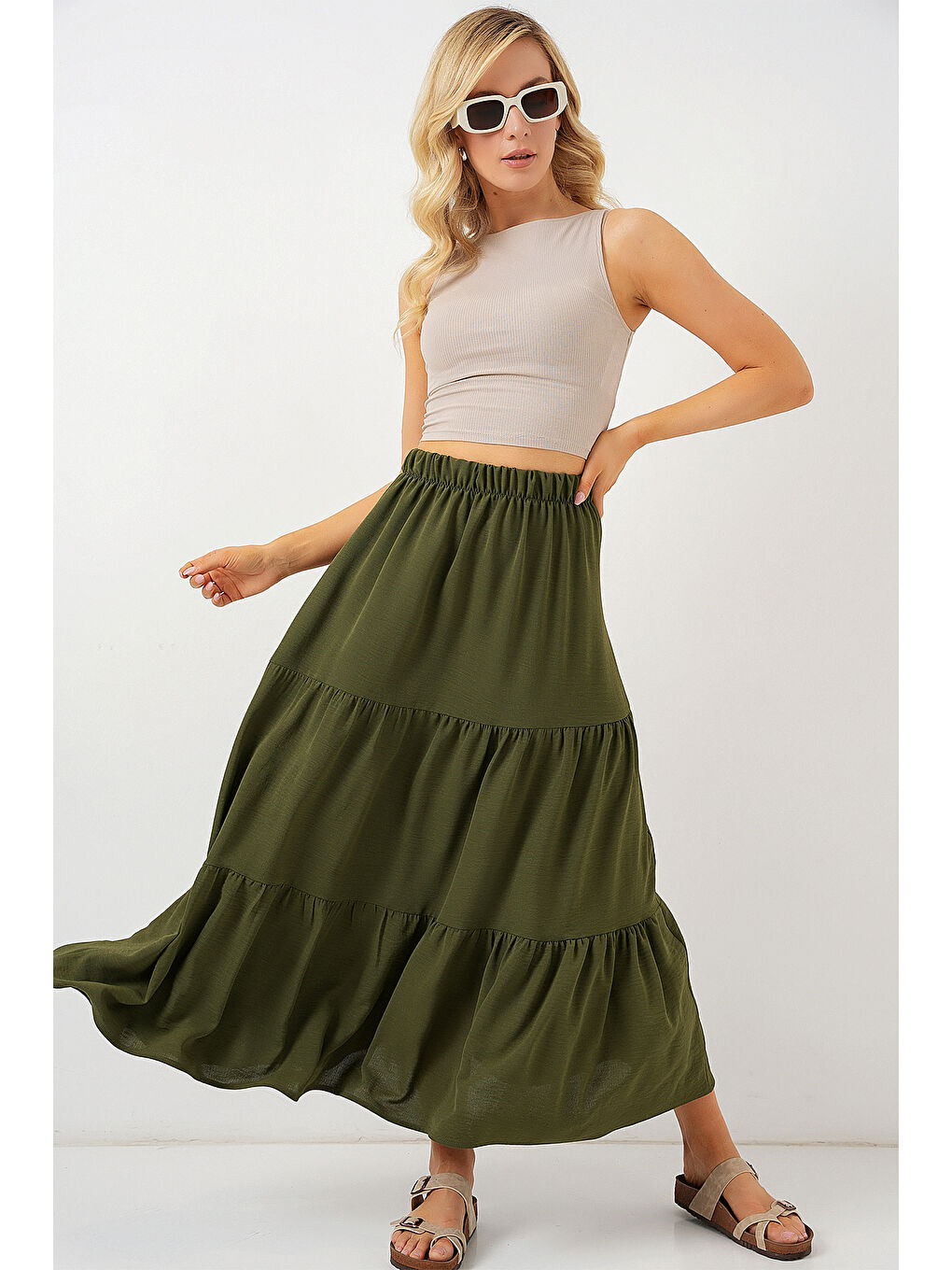Kadın Ayrobin Uzun Etek 8048 - Haki-2