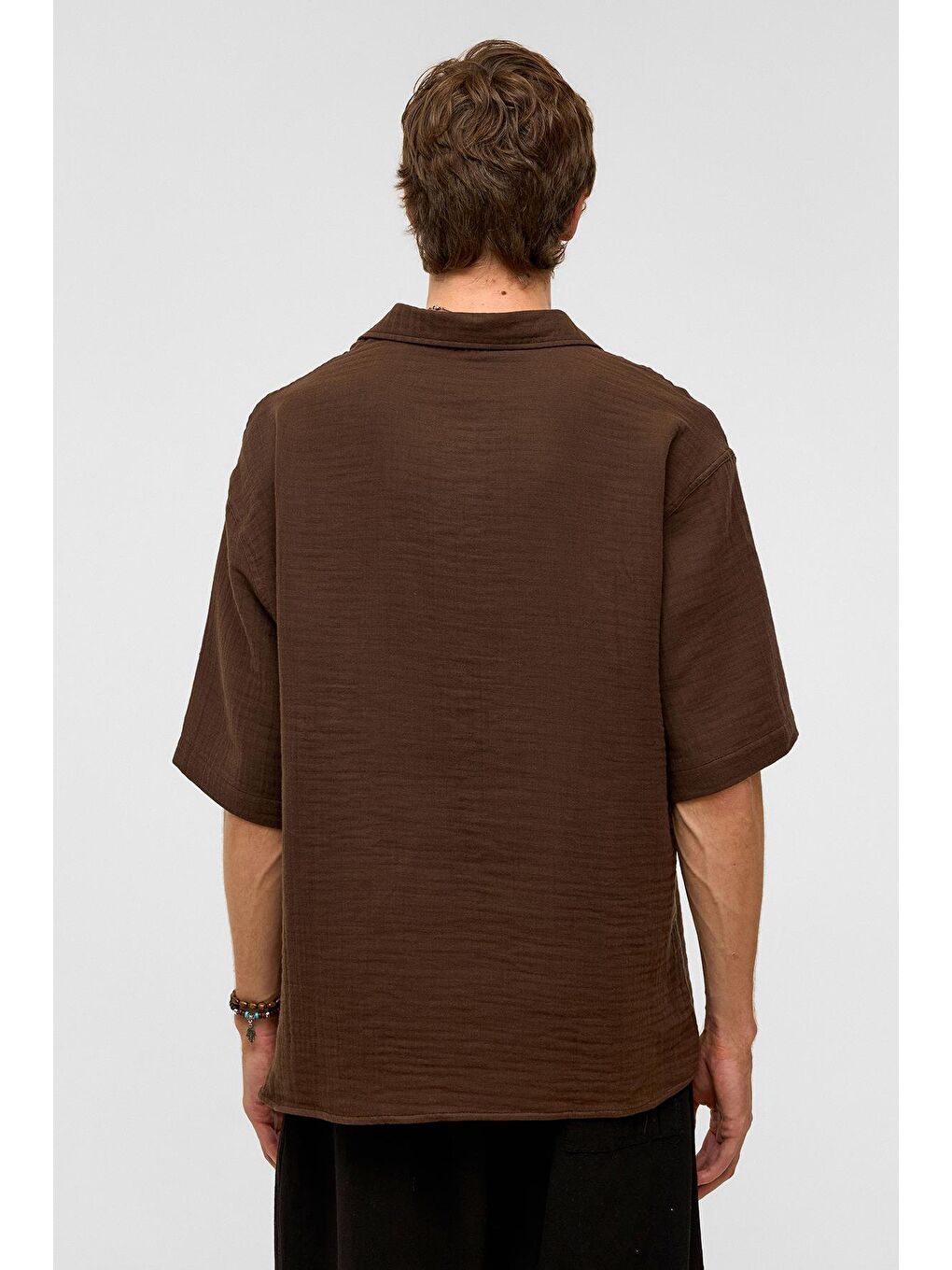 Kahverengi Oversize Kısa Kollu Müslin Kumaş Gömlek Kahve-7