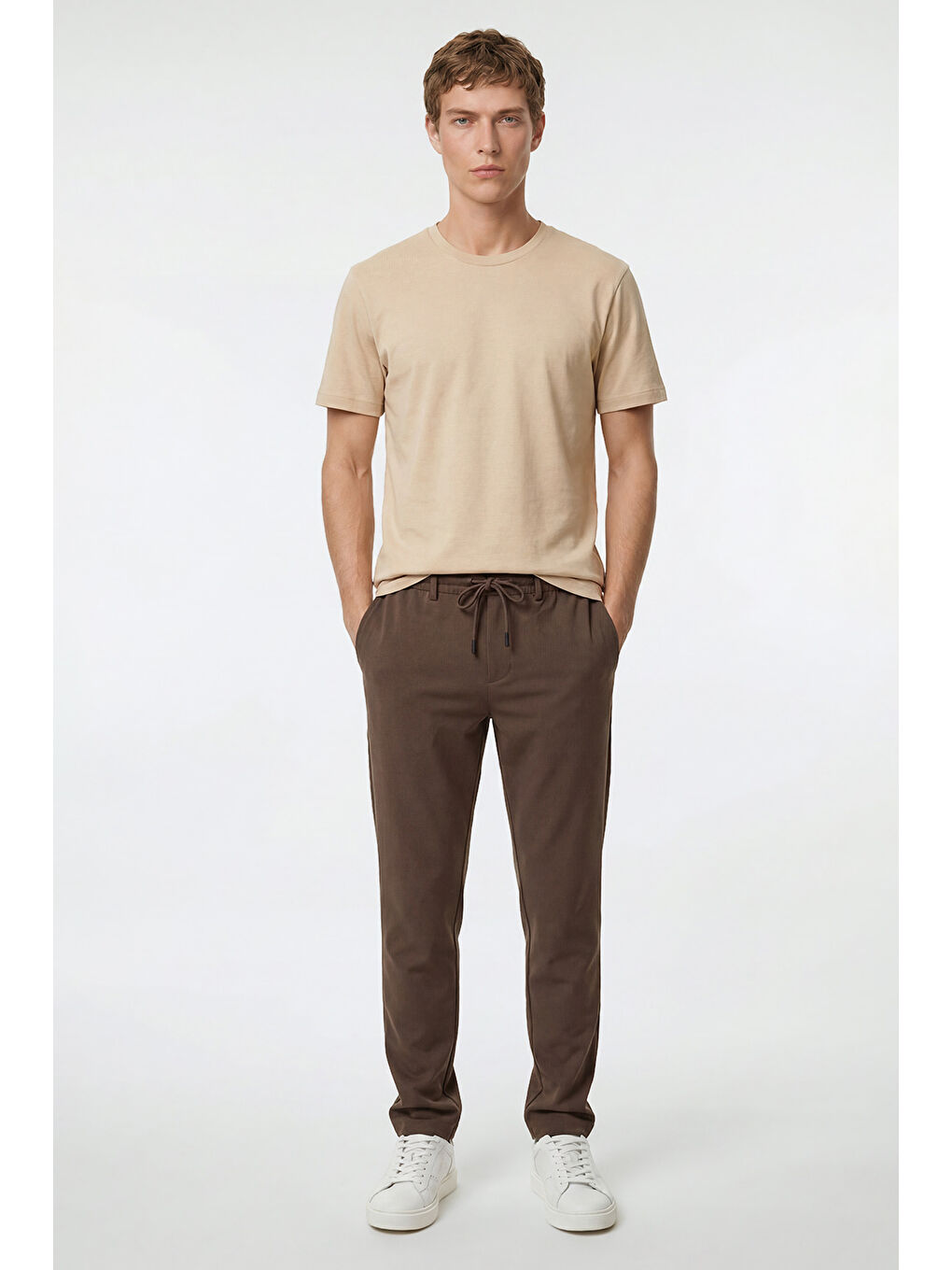 Erkek Kahverengi Jogger Slim Fit Dar Kesim Yan Cepli Beli Bağlamalı Pantolon