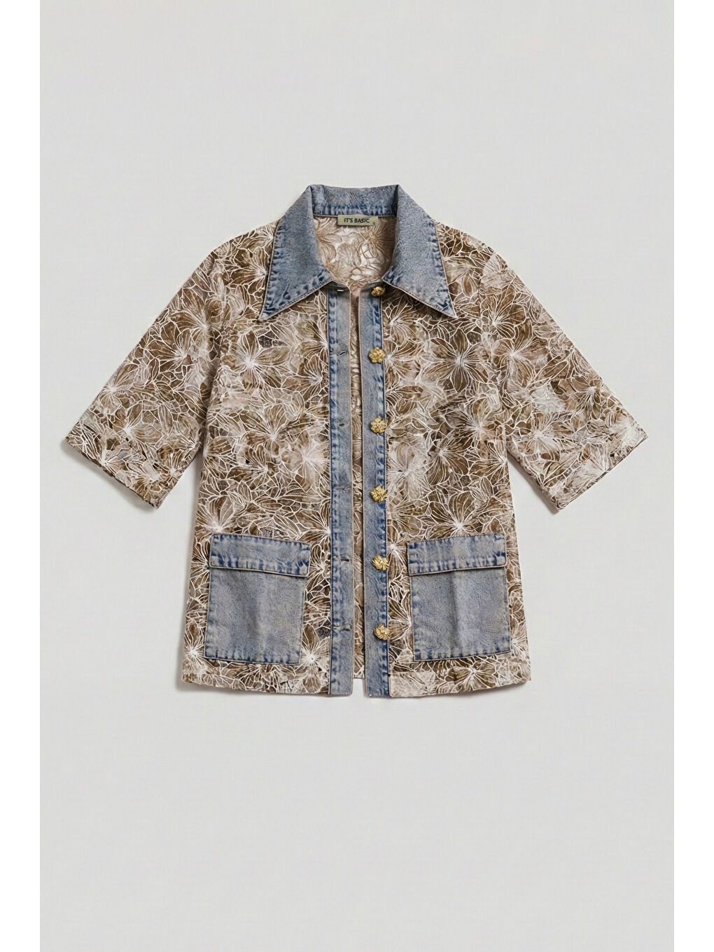 Mavi Kadın Jean Kahve 4s6-65 Oversize Özel Tasarım Gül Dantel Detaylı Ceket Gömlek-4