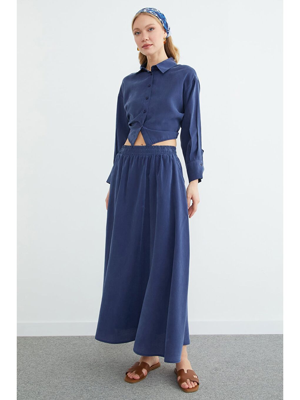 Lacivert Beli Lastikli Cepli Maxi Boy Etek-4