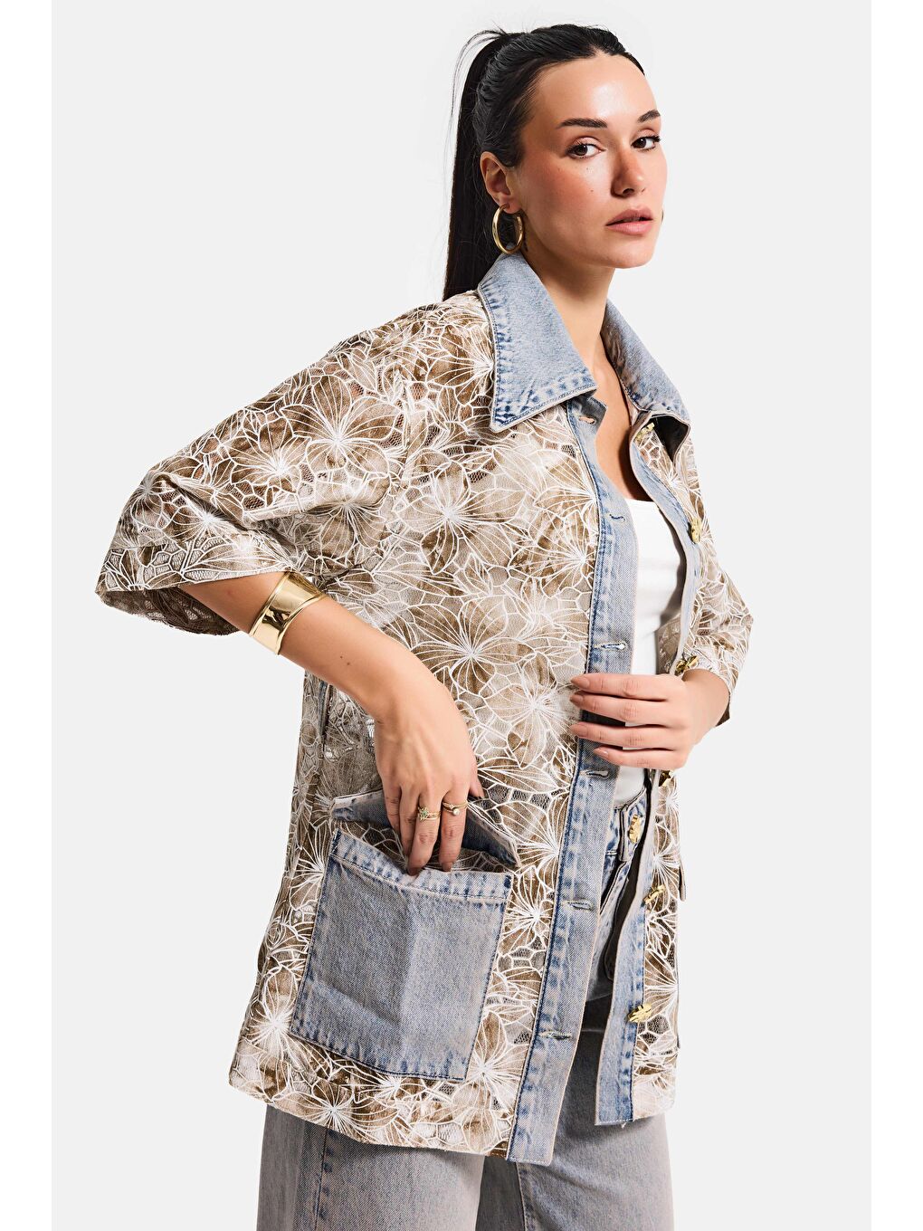 Mavi Kadın Jean Kahve 4s6-65 Oversize Özel Tasarım Gül Dantel Detaylı Ceket Gömlek-5