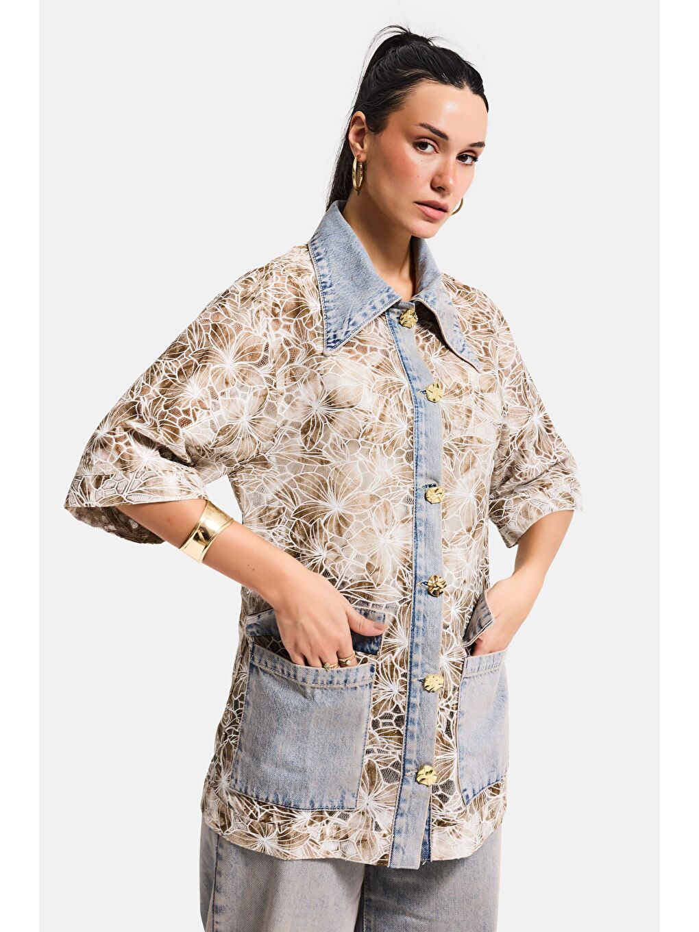 Mavi Kadın Jean Kahve 4s6-65 Oversize Özel Tasarım Gül Dantel Detaylı Ceket Gömlek-6