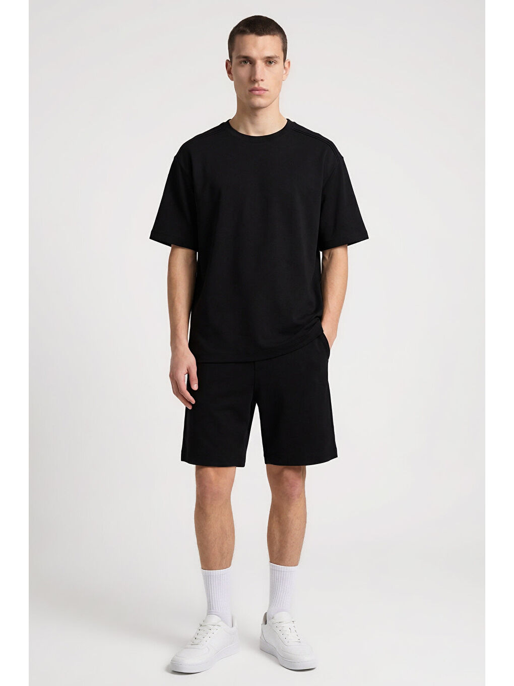 Siyah Oversize Fit Basic Erkek Şort Takım - 85292