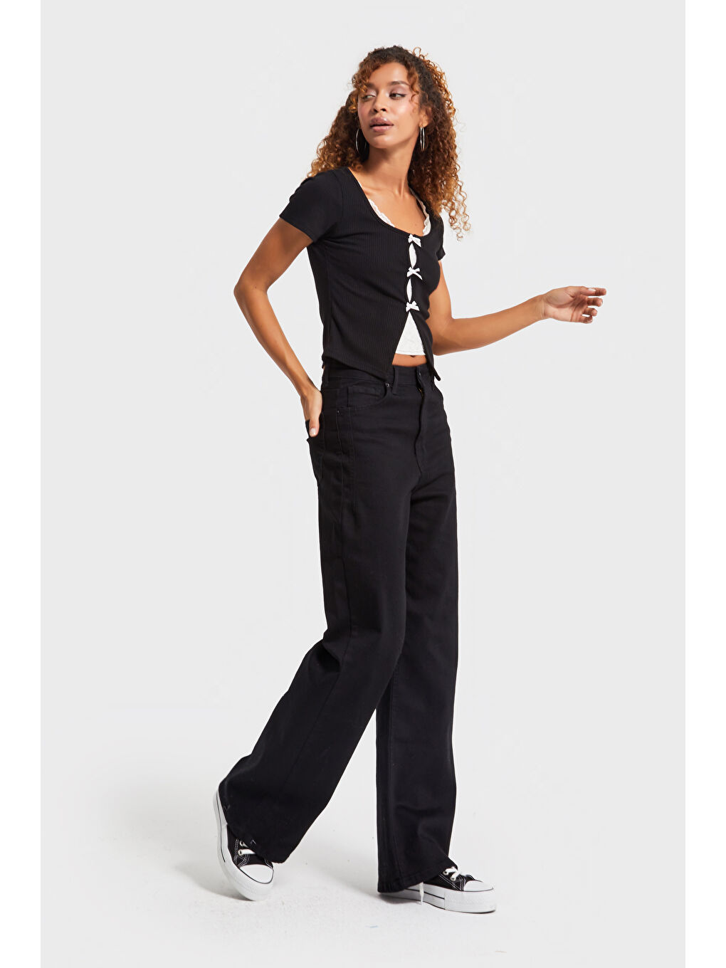 Kadın Siyah Renk 1w5-1 Esnek Elastanlı Kumaş Wide Leg Fit İç Boy 80cm Denim Jean-3
