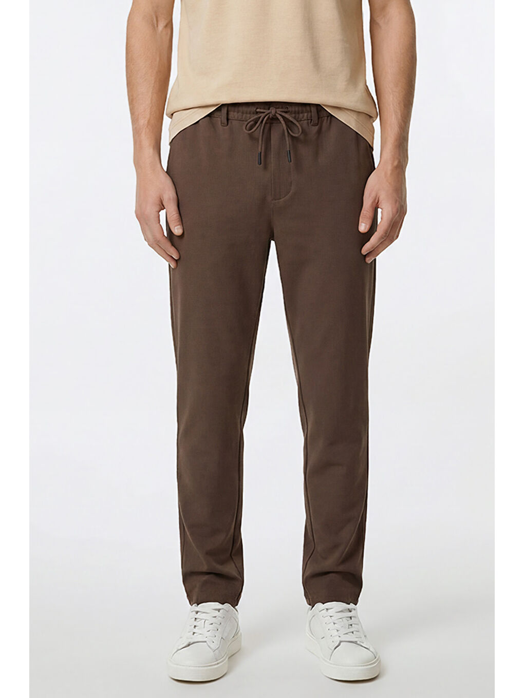 Erkek Kahverengi Jogger Slim Fit Dar Kesim Yan Cepli Beli Bağlamalı Pantolon-1