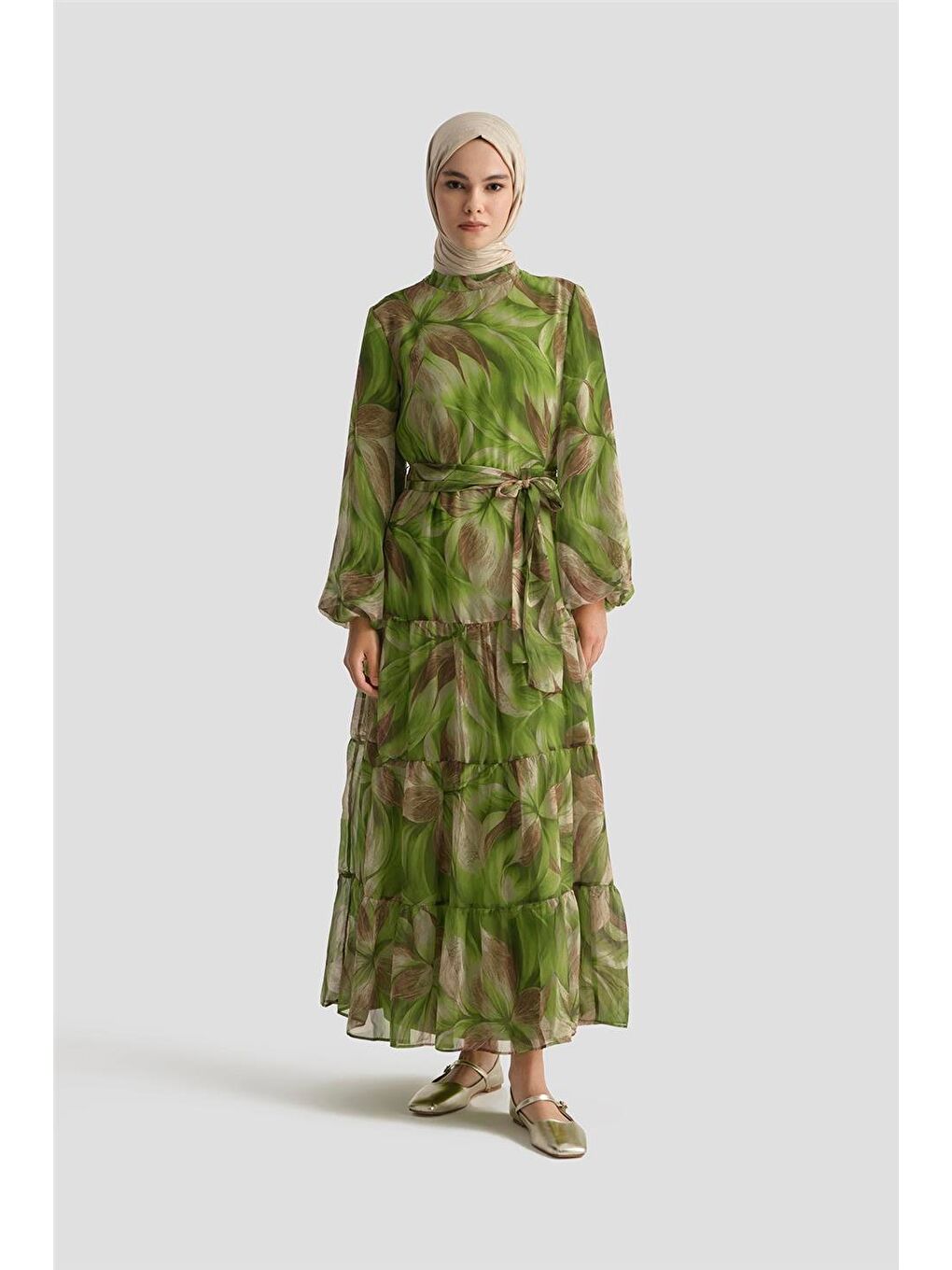 Desenli Elbise 25Yd4022 Yeşil-1