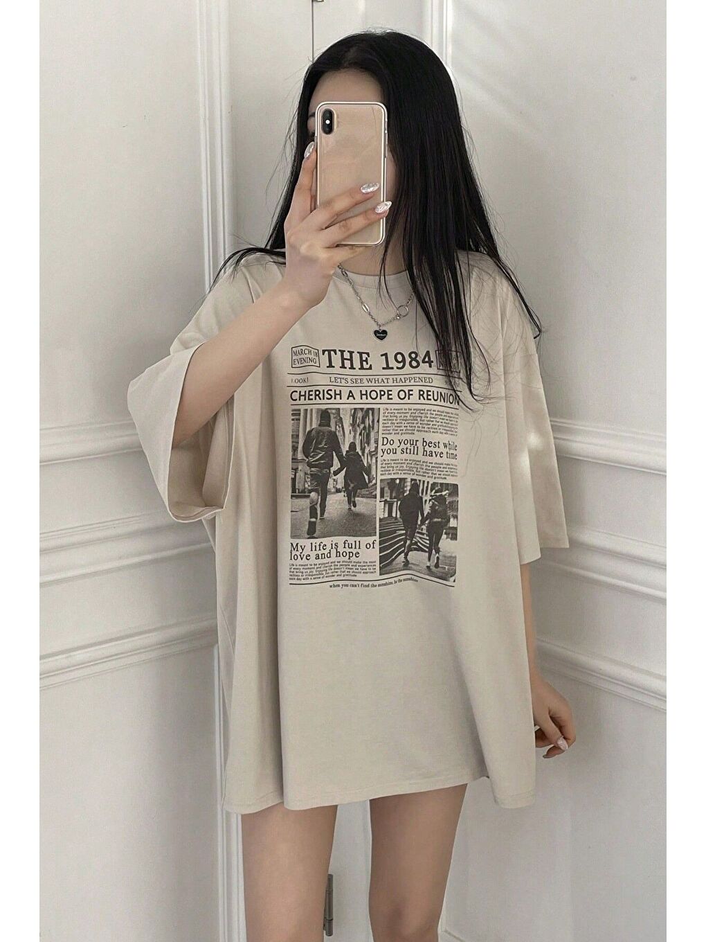 Kadın Bej Bisiklet Yaka 1984 Gazete Baskılı Oversize T Shirt-2