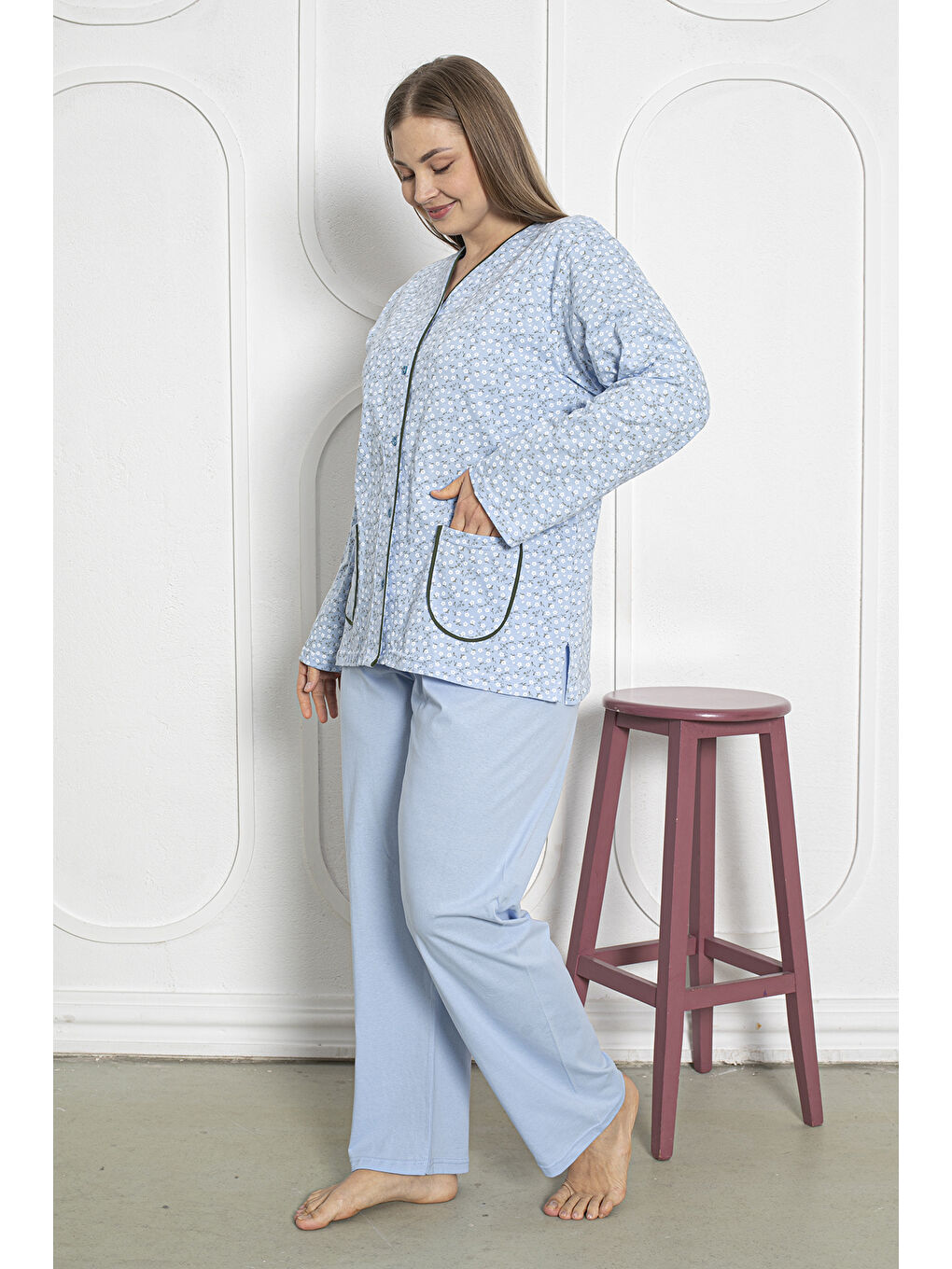 Mavi %100 Pamuklu Uzun Kollu Boydan Düğmeli Büyük Beden Kadın Pijama Takımı 206-1