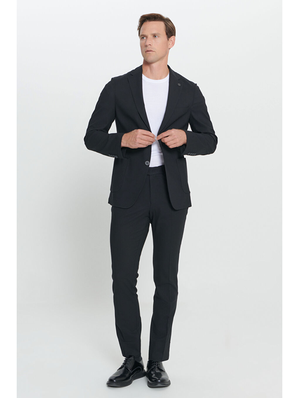 Erkek Siyah Slim Fit Dar Kesim Mono Yaka Yünlü Takım Elbise-3
