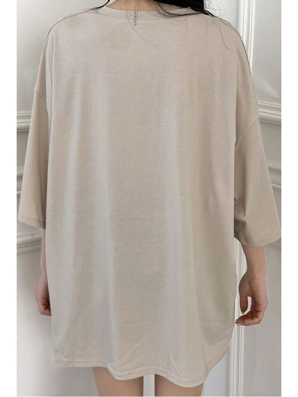 Kadın Bej Bisiklet Yaka 1984 Gazete Baskılı Oversize T Shirt-6