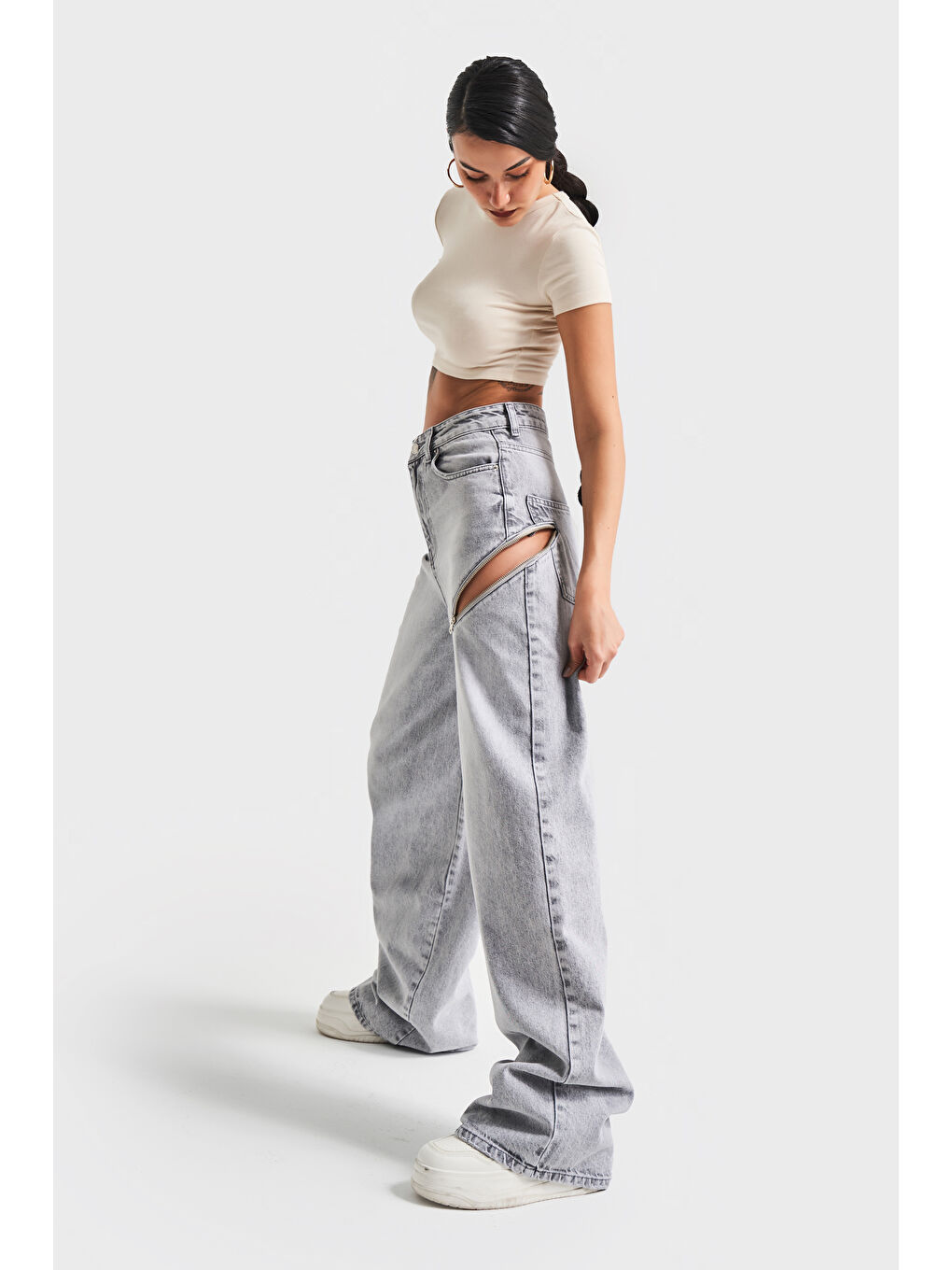Kadın Gri Renk 4S5-12 Palazzo Fit Bol Kesim %100 Pamuk Fermuar Detaylı Tasarım Denim Jean-4